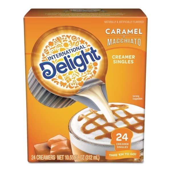 Liquid Non-Dairy Coffee Creamer, Caramel Macchiato, Mini Cups, PK24, International Delight, Mfr#: WWI101766