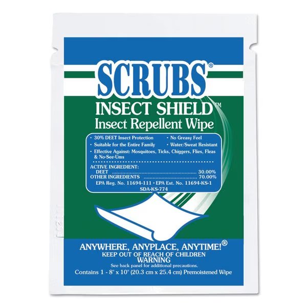 Insect Shield Insect Repellent Wipes, 8 x 10, White, PK100, Scrubs, Mfr#: 91401