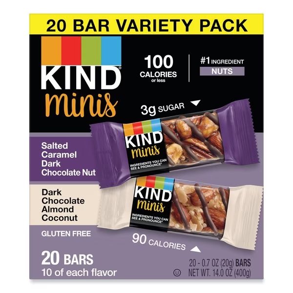 Minis, Salted Carm Dark Choc Nut/Dark Choc Almond Coconut, 0.7oz, PK20, Kind, Mfr#: 27970
