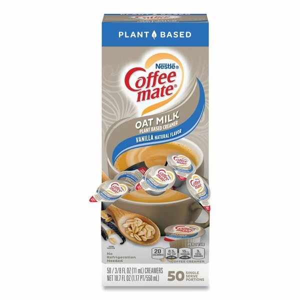 Plant-Based Oat Milk Liquid Creamers, Natural Vanilla, 0.38 oz Mini Cups, 50PK, Coffee Mate, Mfr#: 12536842