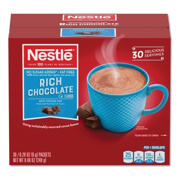 No-Sugar-Added Hot Cocoa Mix Envelopes, Rich Chocolate, 0.28 oz, PK30, Nestle, Mfr#: 61411