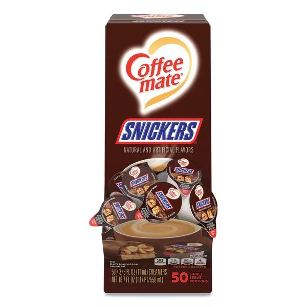 Liquid Coffee Creamer, Snickers, 0.38 oz Mini Cups, PK50 PK, Coffee Mate, Mfr#: 61425