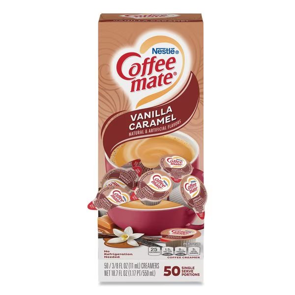 Liquid Coffee Creamer, Vanilla Caramel, 0.38 oz Mini Cups, 50PK, Coffee Mate, Mfr#: 12182156