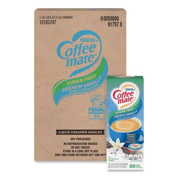 Liquid Coffee Creamer, Sugar Free French Vanilla, 0.38 oz Mini Cups, 200PK, Coffee Mate, Mfr#: 12183747