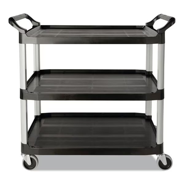 Economy Plastic Cart, Three-Shelf, 18-5/8w x 33-5/8d x 37-3/4h, Black, Rubbermaid Commercial, Mfr#: FG342488BLA