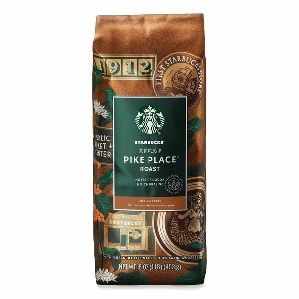 Whole Bean Coffee, Decaffeinated, Pike Place, 1 lb, Bag, Starbucks, Mfr#: 12540222