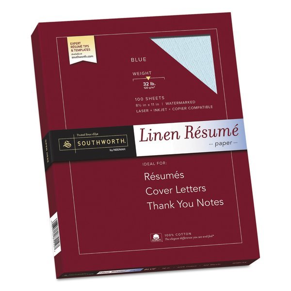 Paper, Resume Linen, Blue, PK100, Southworth, Mfr#: RD18BCFLN