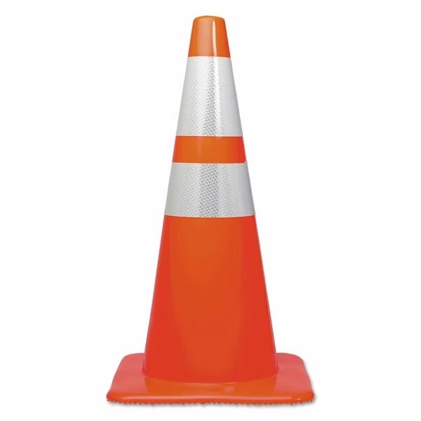 Traffic Cone, Plastic, 28" H, 14" W, Orange/Silver, Tatco, Mfr#: 25900