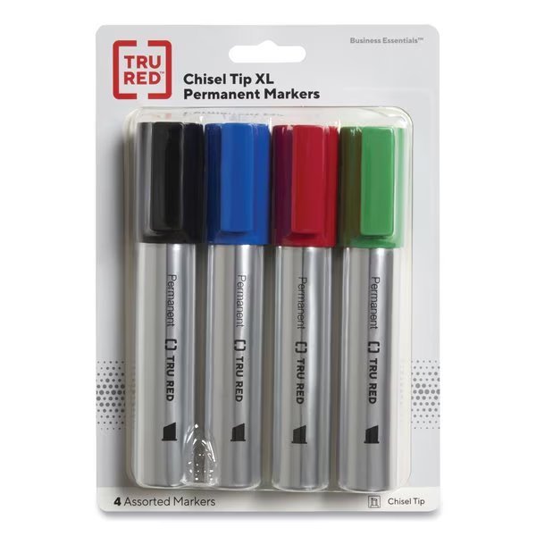 XL Permanent Marker, Extra-Broad Chisel Tip, Assorted Colors, 4PK, Tru Red, Mfr#: TR56935