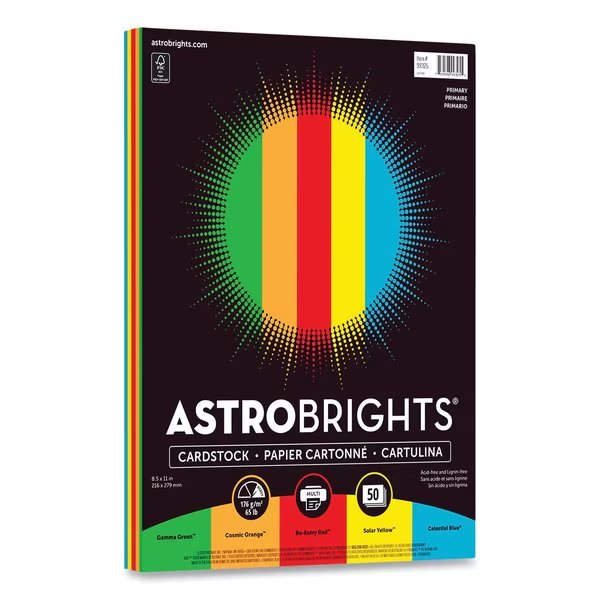 Color Cardstock, 65 lb Cover Weight, 8.5 x 11, Assorted Primary Colors, PK50, 50PK, Astrobrights, Mfr#: 99325-02