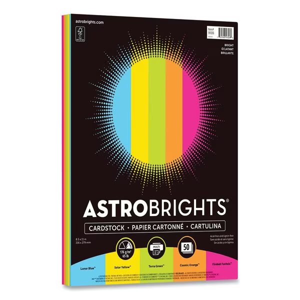 Color Cardstock, 65 lb Cover Weight, 85 x 11, Assorted Bright Colors, 50PK, Astrobrights, Mfr#: 99326-01