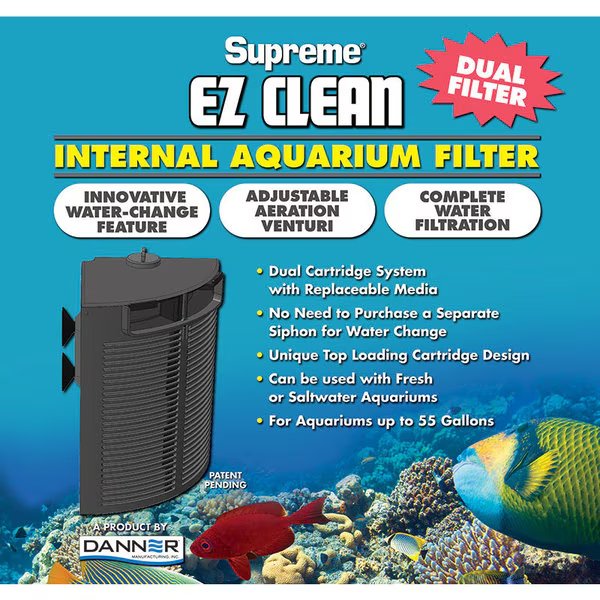 EZCleanDualInternalAquariumFilter.Up to 30 gal.Single Cartrig filter, Danner, Mfr#: 1160