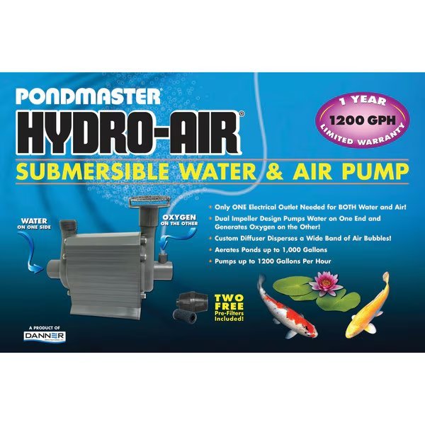 Hydro-Air pump moves water&air. For ponds up to 1000 gal 18' cord, Pondmaster, Mfr#: 02795