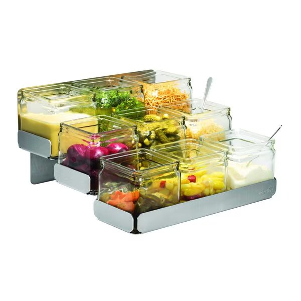 3 Level Stainless Steel Condiment Station with 9 Glass Jars, 1 EA, Rosseto Serving Solutions, Mfr#: SM323