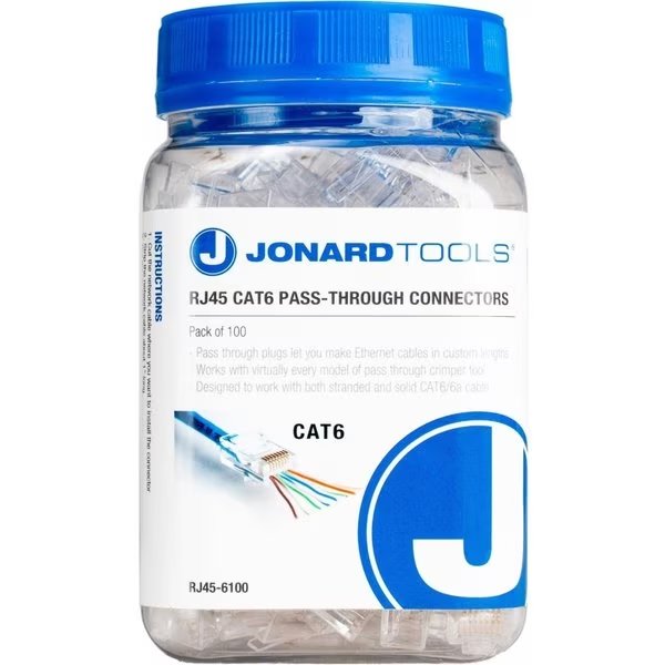 RJ45 CAT6 Pass-Through Connectors, PK 100, Jonard Tools, Mfr#: RJ45-6100