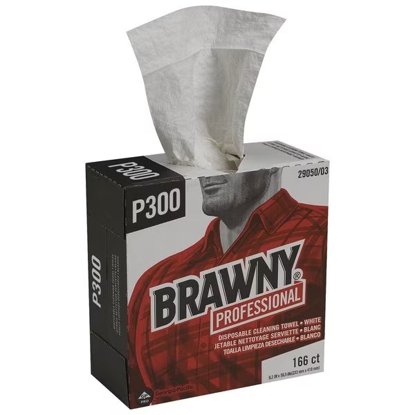 Dry Wipe Brawny Pro P200, Dispenser Box, 9 1/4 in x 16 1/2 in, 166 Sheets, White, PK5