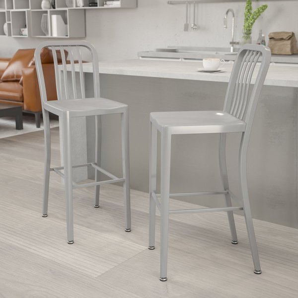 2PK 30" High Silver Metal Barstool with Slat Back, Flash Furniture, Mfr#: 2-CH-61200-30-SIL-GG