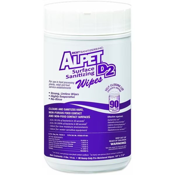 Alpet D2 Sanitizing Wipes, Canister, 10 in x 7 1/2 in, Unscented, 90 Wipes, 6 Pack, Best Sanitizers, Mfr#: SSW0001