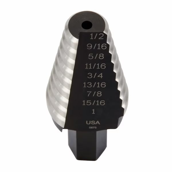 Step Drill Bit, 8 Hole Sizes, 9/16 in to 1 in, 1/16 in Step Increments, High Speed Steel, Hex Shank, Irwin, Mfr#: UNIBIT 20
