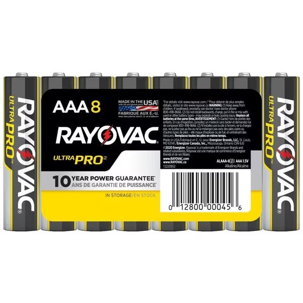 UltraPro AAA Alkaline Battery, 1.5V DC, 8 Pack, Rayovac, Mfr#: ALAAA8