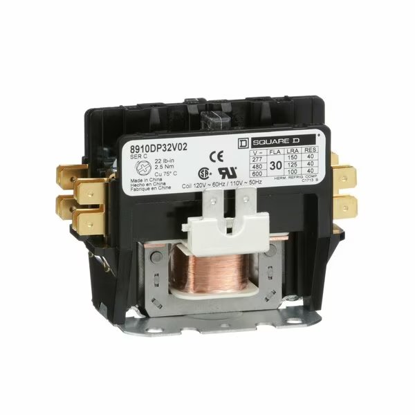 120VAC Non-Reversing Definite Purpose Contactor 2P 30A, Hz: 50/60, Square D, Mfr#: 8910DP32V02