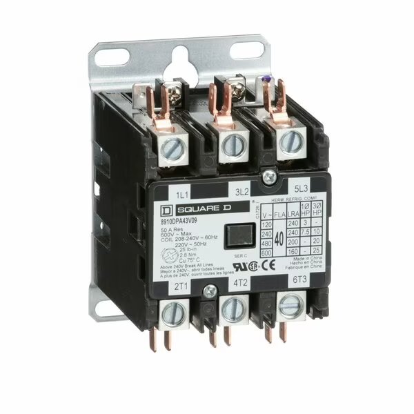 208/240VAC Non-Reversing Definite Purpose Contactor 3P 40A, Square D, Mfr#: 8910DPA43V09