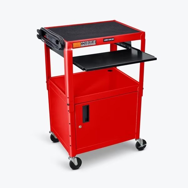 Adjustable-Height Steel AV Cart with Pullout Keyboard Tray and Cabinet, Luxor, Mfr#: AVJ42KBC-RD