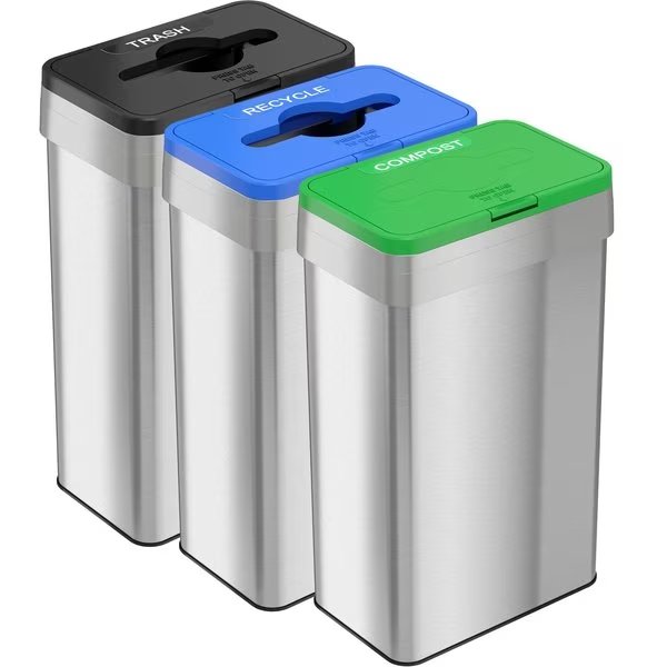 21 gal (each) Rectangular Recycle, Compost, And Trash Bins, Silver, Stainless Steel, Hls Commercial, Mfr#: HLS21UOTTRIO
