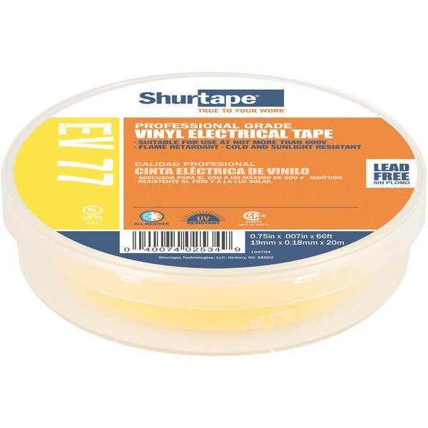 Electrical Tape, Yellow, 3/4"X66Ft, Shurtape, Mfr#: EV 077C