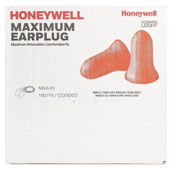 Max-30 Disposable Corded Earplugs, Foam, Bell Shape, NRR 33 dB, Coral, 100 Pairs/Box, Honeywell Howard Leight, Mfr#: MXM-30G