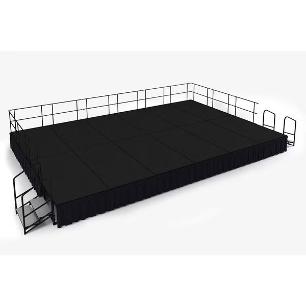 Stage Pack, 16Ft.x24Ft.x24"H, Black Carpet, Shirred Pleat Black Skirting, National Public Seating, Mfr#: SG482412C-10-SS10