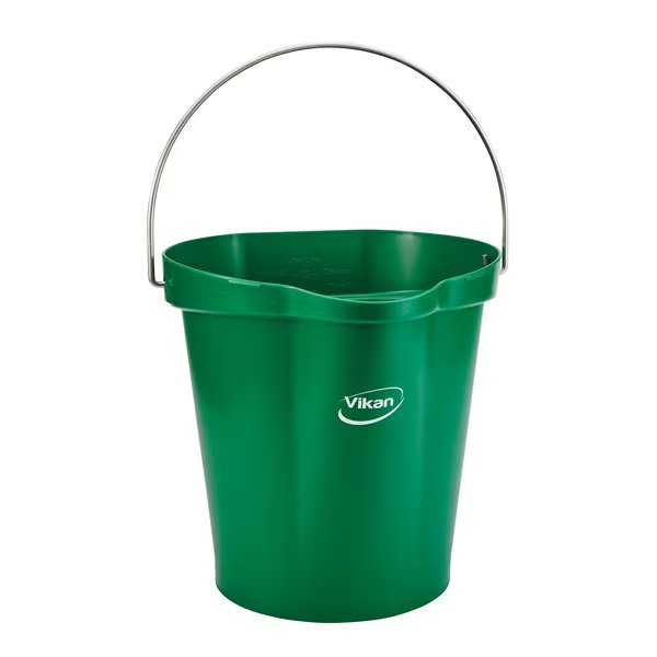 3 gal. Round Hygienic Bucket, 12-3/4" H, 12 4/5 in Dia, Green, Polypropylene, Vikan, Mfr#: 56862