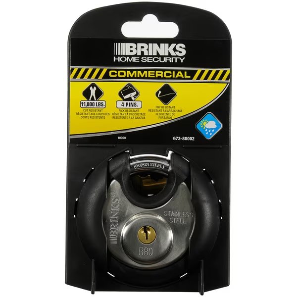 Keyed Different Padlock, Stainless Steel, 80mm Puck, High Security, Brinks, Mfr#: 673-80002