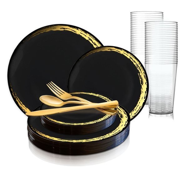 Black with Gold Moonlight Round Disposable Plastic Wedding Value Set, 720PK, Smarty Had A Party, Mfr#: 960BGVS120