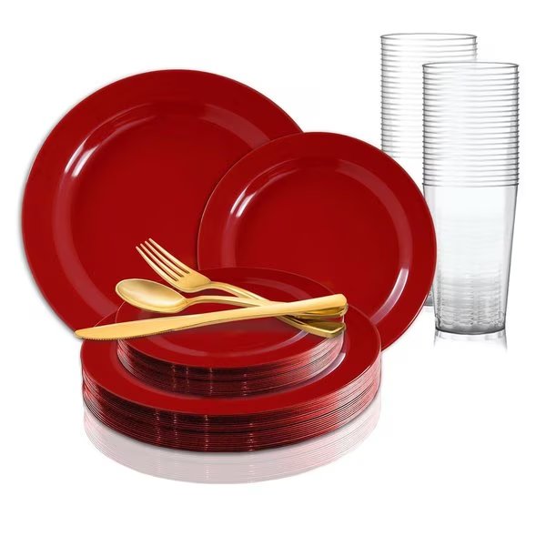 Solid Red Holiday Round Disposable Plastic Wedding Value Set, 360PK, Smarty Had A Party, Mfr#: 110RVS60