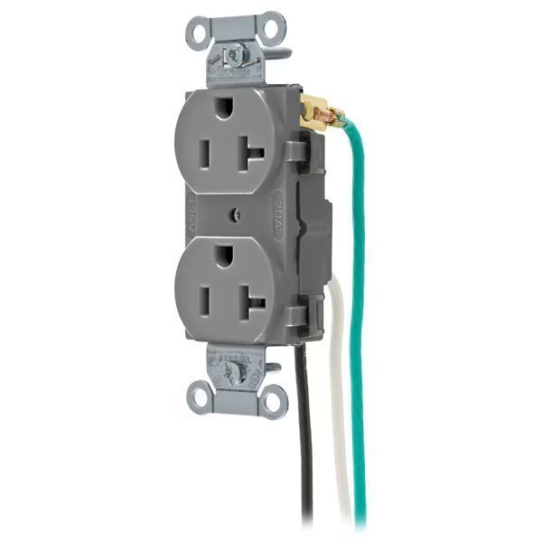 Straight Blade Devices, Receptacles, Duplex, Commercial Grade, 2-Pole 3-Wire Grounding, 20A 125V, 5-20R, Pre-Wired 8" Stranded Leads, Hubbell Wiring Device-Kellems, Mfr#: CR20GRYP2