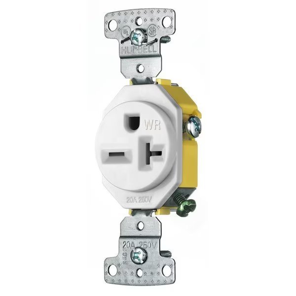 TradeSelect, Straight Blade Devices, Residential Grade, Weather Resistant Receptacles, Single, 20A 250V, 2- Pole 3-Wire Grounding, 6-20R, Hubbell Wiring Device-Kellems, Mfr#: RR205WWR