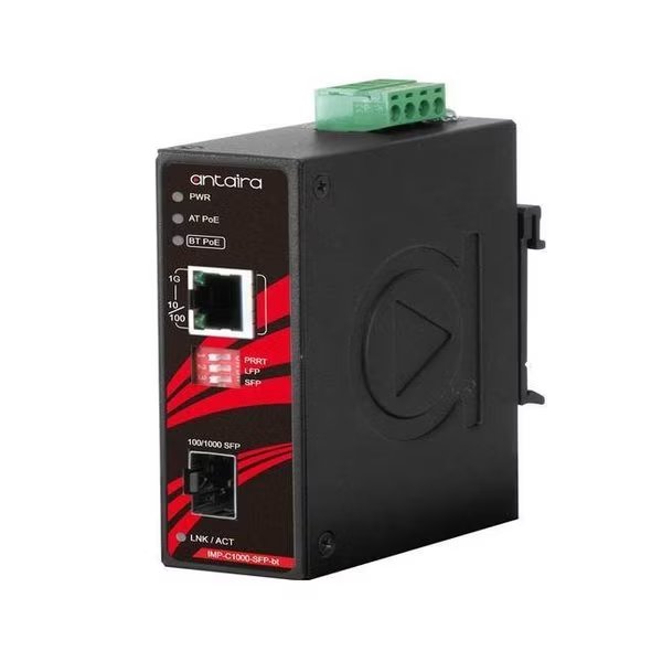 Compact Industrial Gigabit IEEE 802.3bt Ethernet-to-Fiber Media Converter, Antaira, Mfr#: IMP-C1000-SFP-bt-T