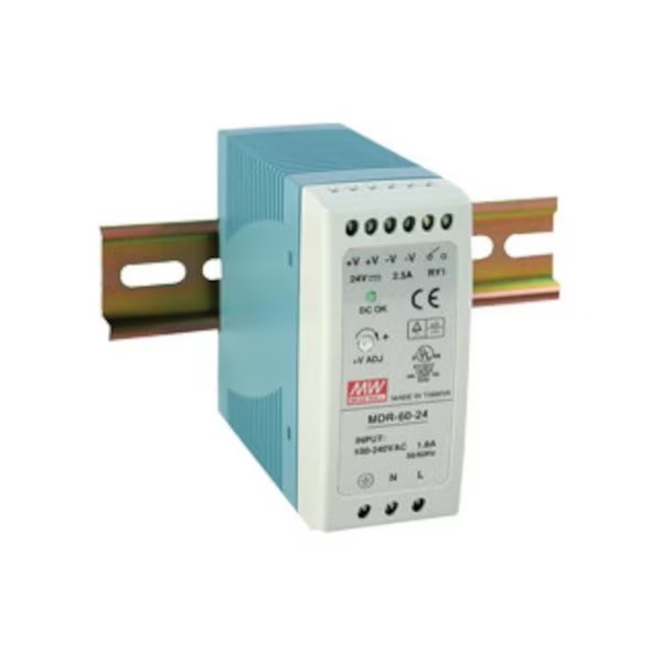 Power Supply, 85 to 264V AC/120 to 370V DC, 24V DC, 60W, 2.5A, DIN Rail, Antaira, Mfr#: MDR-60-24