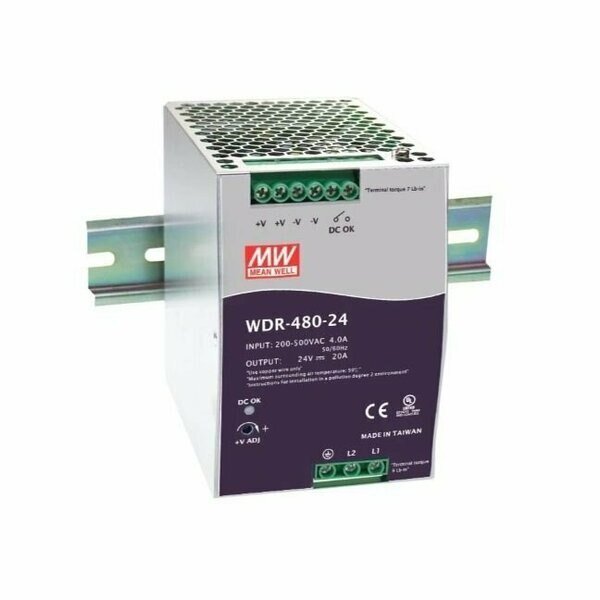 AC/DC Industrial DIN rail power supply, Output 24VDC at 20A, metal case, Icomtech, Mfr#: WDR-480-24