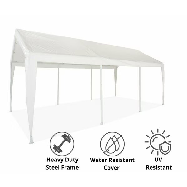 Heavy Duty Carort 10In8 FT x20In, 8 Legs, Steel Pipes, White Cover with Leg Skirts, Impact Canopy, Mfr#: 070018008