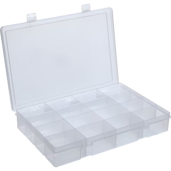 Durham Large Plastic Compartment Box, 16 Compartments, 13-1/8x9x2-5/16, Durham Mfg., Mfr#: LP16-CLEAR