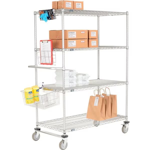 Chrome Curbside Wire Truck w/4 Shelves & Polyurethane Casters, 72L x 18W x 69H, Nexel, Mfr#: CS18724C