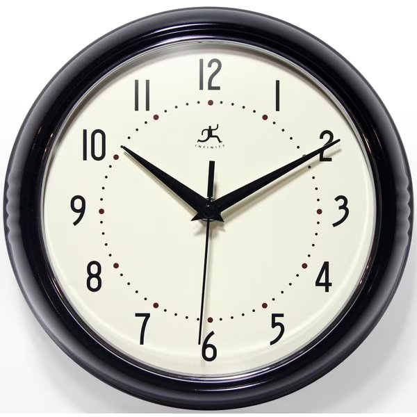 Retro Round Black - 9.5" Retro Metal Wall Clock, Infinity Instruments, Mfr#: 10940-BLACK