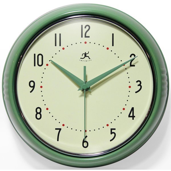 Retro Round Green - 9.5" Retro Metal Wall Clock, Infinity Instruments, Mfr#: 10940-GREEN