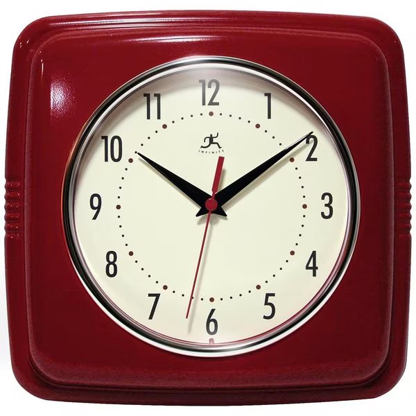 Square Retro Red - 9" Square Retro Wall Clock, Infinity Instruments, Mfr#: 13228RD-4103