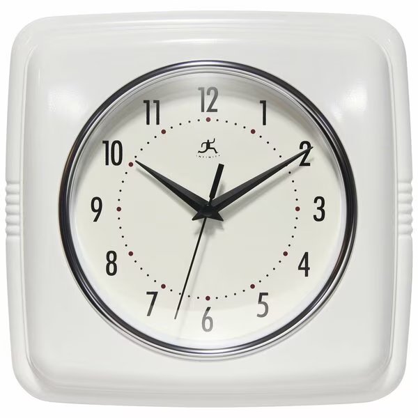 Square Retro White Wall Clock, 9.25 in., Infinity Instruments, Mfr#: 13228WH-4103