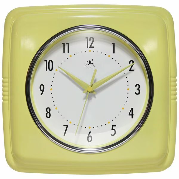 Square Retro Yellow Wall Clock, 9.25 in., Infinity Instruments, Mfr#: 13228YL-4103