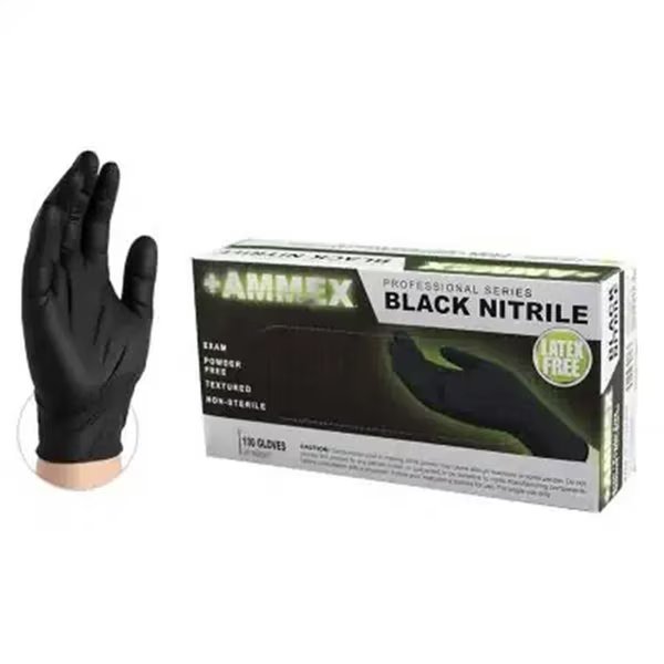 Nitrile Disposable Gloves, 5 mil Palm, Nitrile, Powder-Free, 2XL, Black, Ammex, Mfr#: AMXGPNB49100