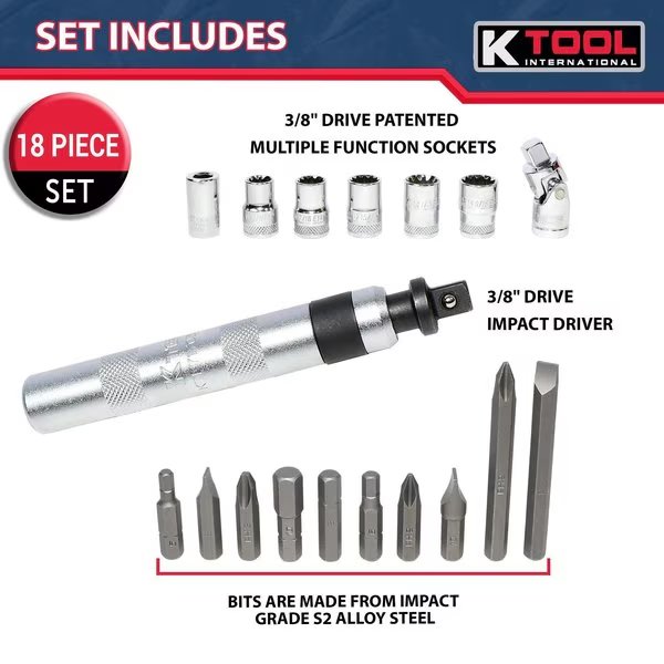 18-Piece 3/8 Drive Impact Driver Set With Multi-, K Tool Intl, Mfr#: KTI71717